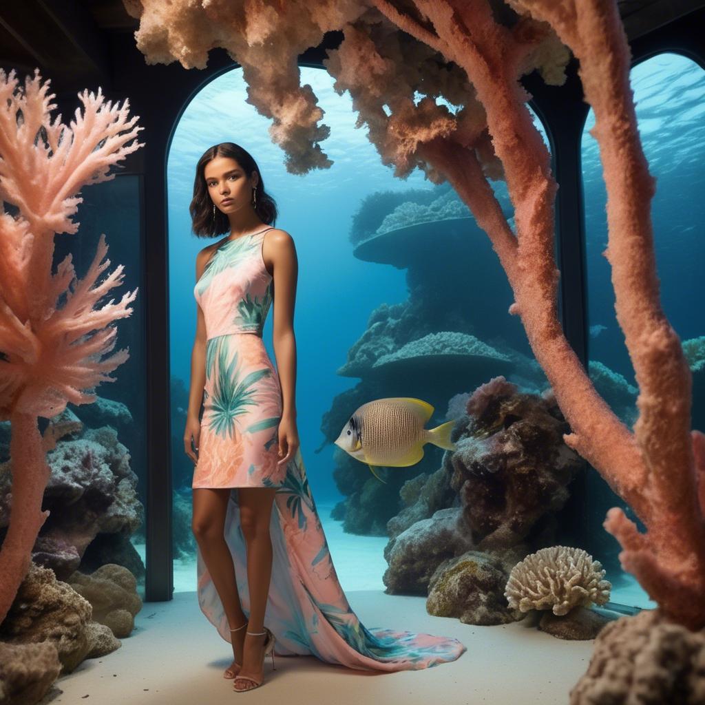 A stunning image of barbudan elegance with a pastel tropical print dress under soft coral reef lighting.