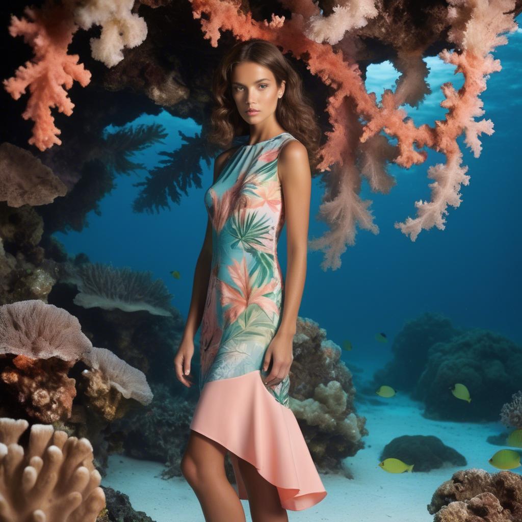 A stunning image of barbudan elegance with a pastel tropical print dress under soft coral reef lighting.