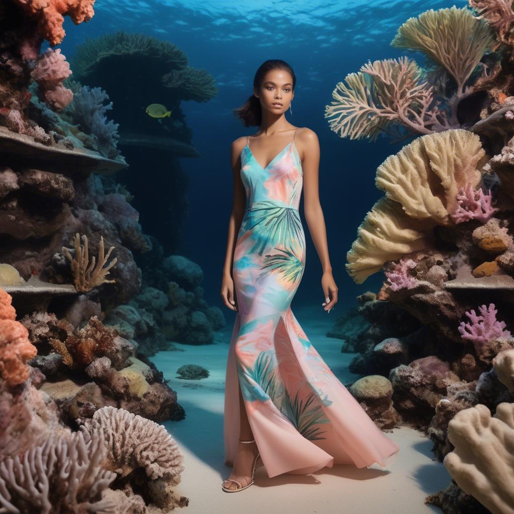 A stunning image of barbudan elegance with a pastel tropical print dress under soft coral reef lighting.
