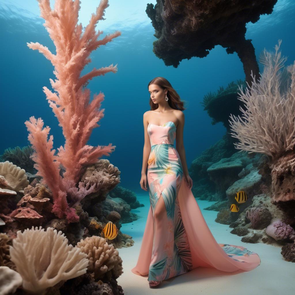 A stunning image of barbudan elegance with a pastel tropical print dress under soft coral reef lighting.