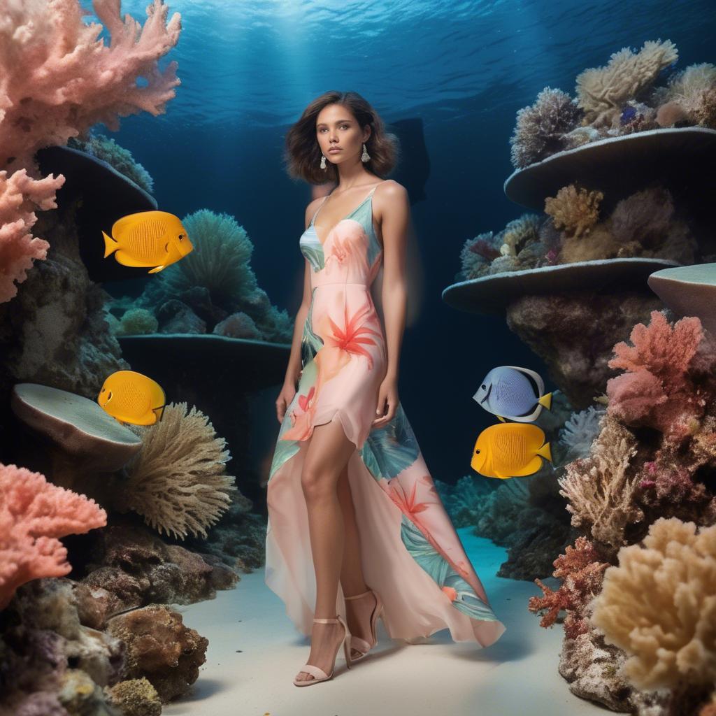 A stunning image of barbudan elegance with a pastel tropical print dress under soft coral reef lighting.