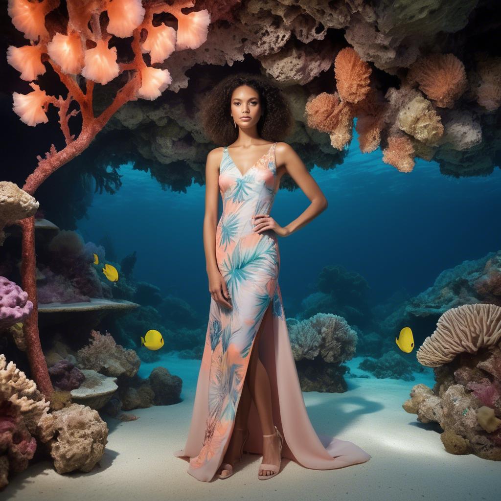 A stunning image of barbudan elegance with a pastel tropical print dress under soft coral reef lighting.