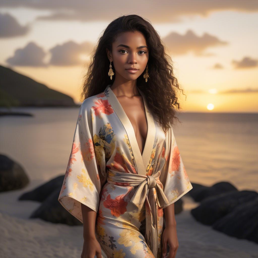 A stunning image of curacaoan starlet donned in an airy floral kimono shimmering at duskâ€™s golden horizon.