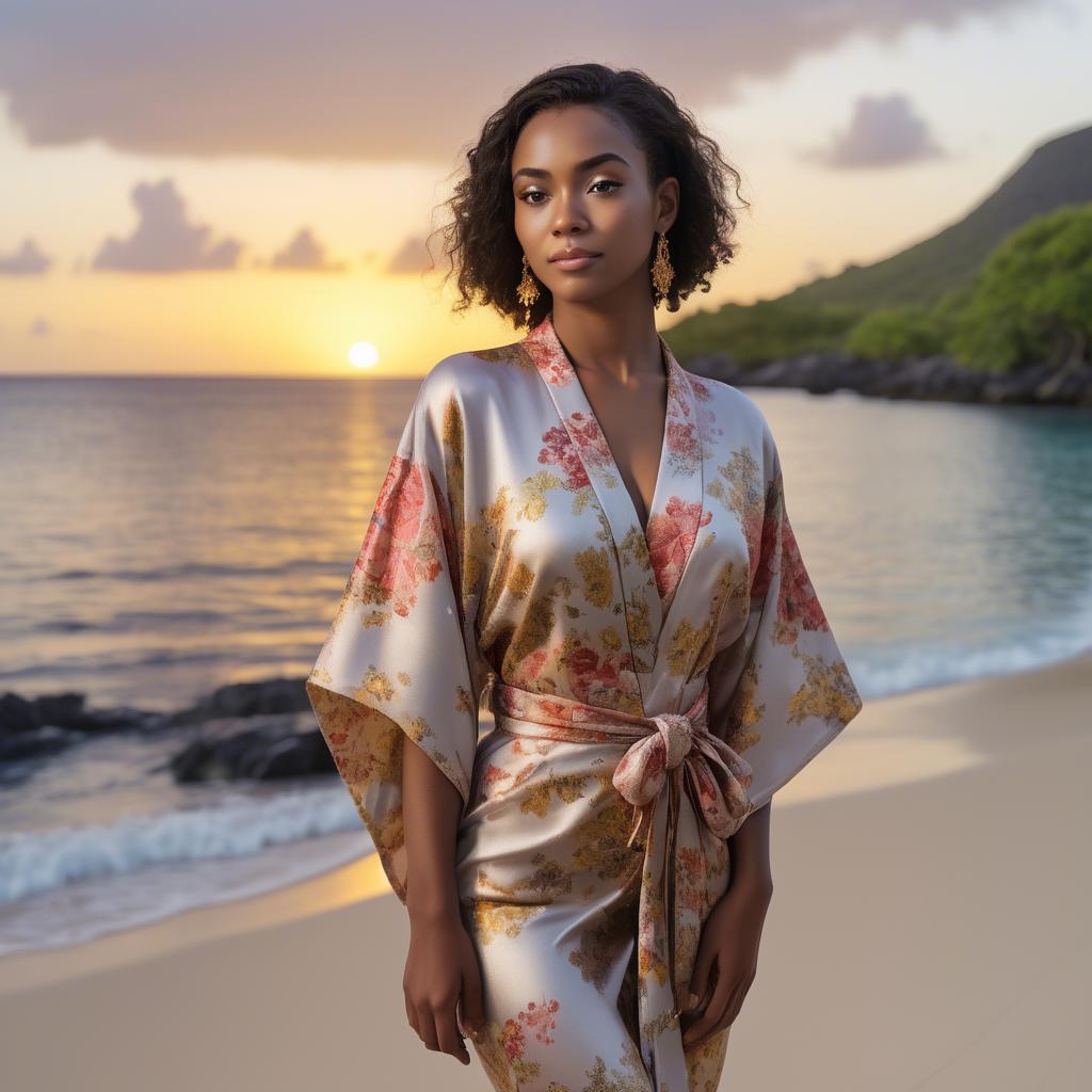 A stunning image of curacaoan starlet donned in an airy floral kimono shimmering at duskâ€™s golden horizon.