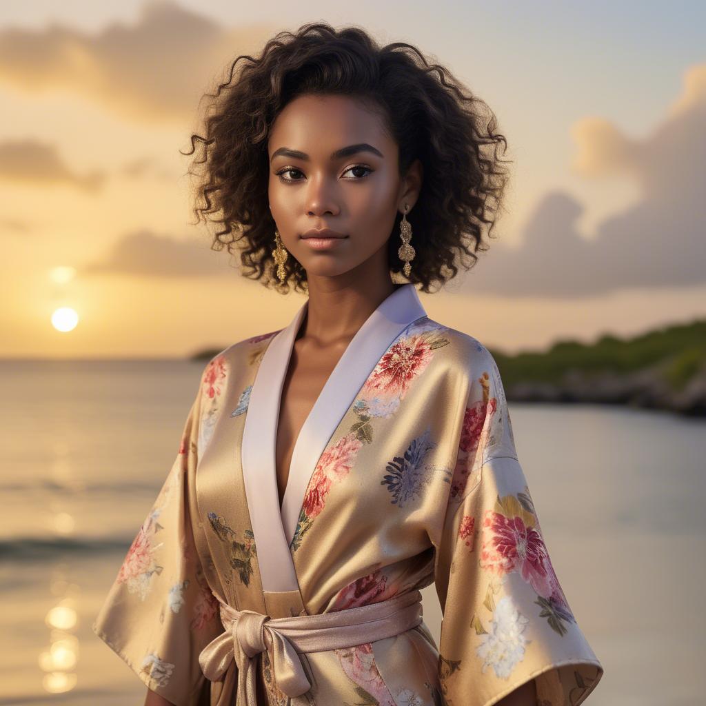 A stunning image of curacaoan starlet donned in an airy floral kimono shimmering at duskâ€™s golden horizon.