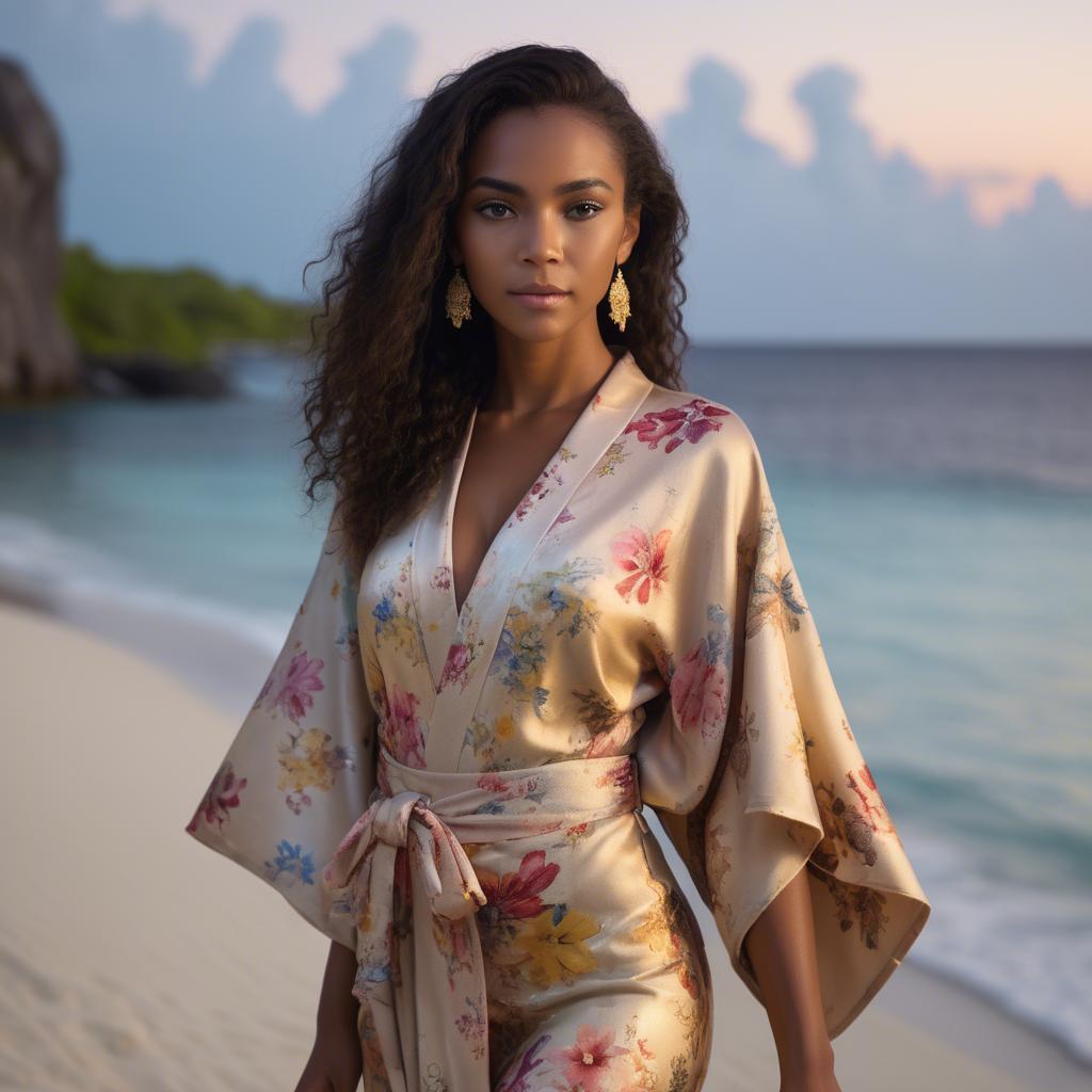 A stunning image of curacaoan starlet donned in an airy floral kimono shimmering at duskâ€™s golden horizon.