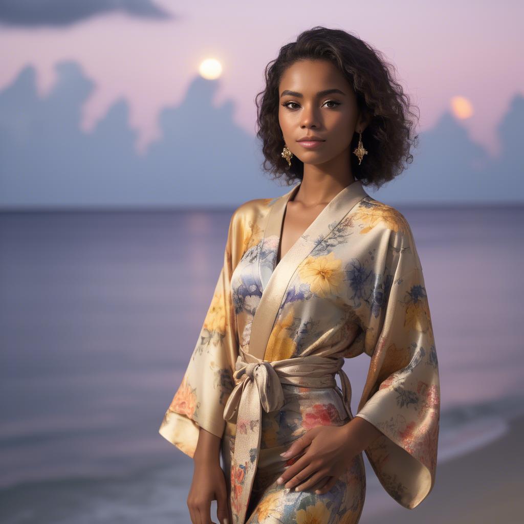 A stunning image of curacaoan starlet donned in an airy floral kimono shimmering at duskâ€™s golden horizon.