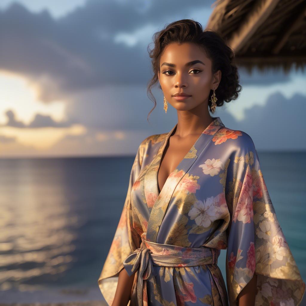 A stunning image of curacaoan starlet donned in an airy floral kimono shimmering at duskâ€™s golden horizon.