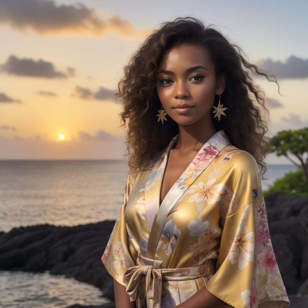 A stunning image of curacaoan starlet donned in an airy floral kimono shimmering at duskâ€™s golden horizon.