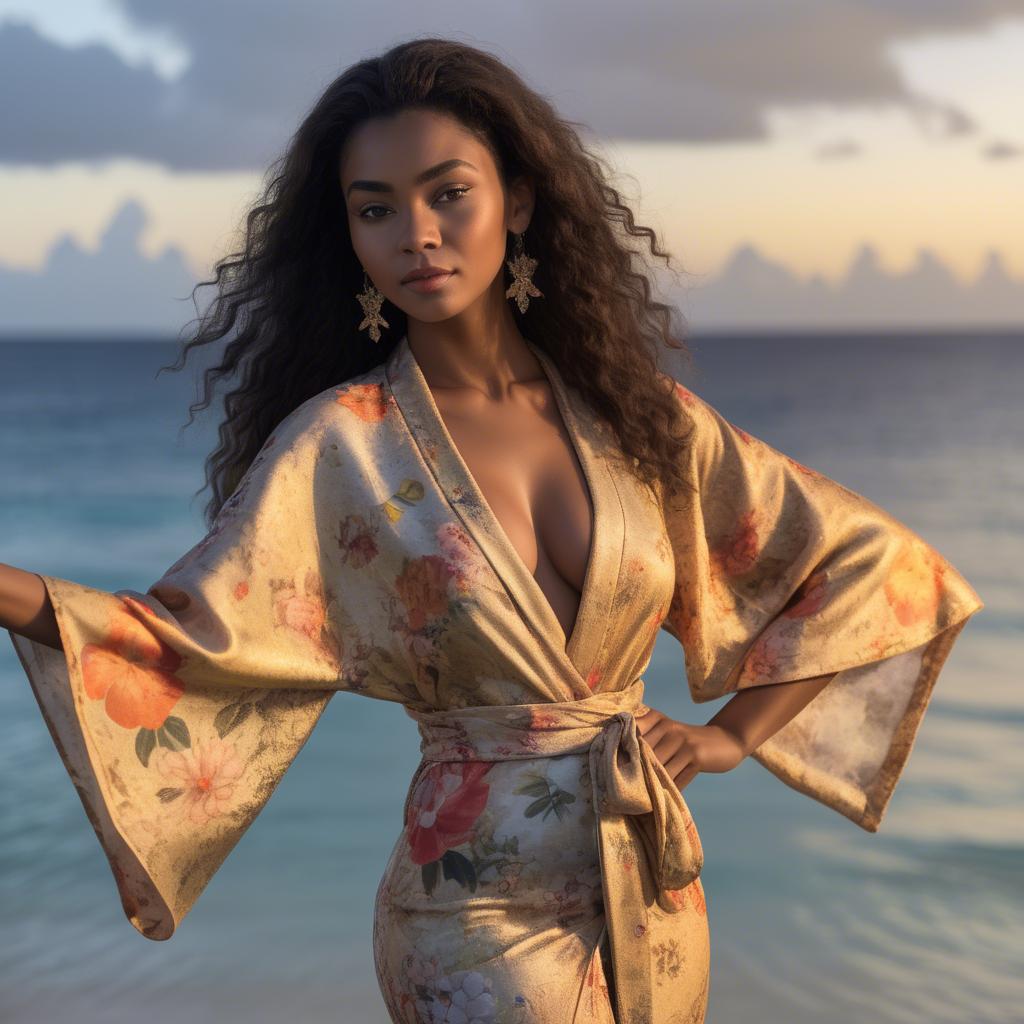 A stunning image of curacaoan starlet donned in an airy floral kimono shimmering at duskâ€™s golden horizon.