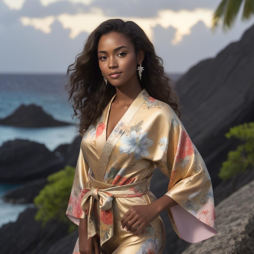 A stunning image of curacaoan starlet donned in an airy floral kimono shimmering at duskâ€™s golden horizon.