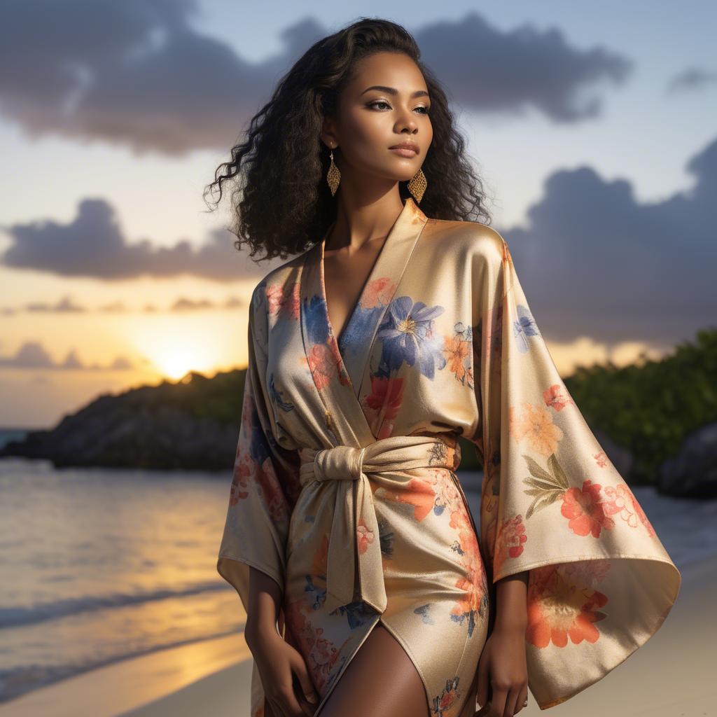 A stunning image of curacaoan starlet donned in an airy floral kimono shimmering at duskâ€™s golden horizon.