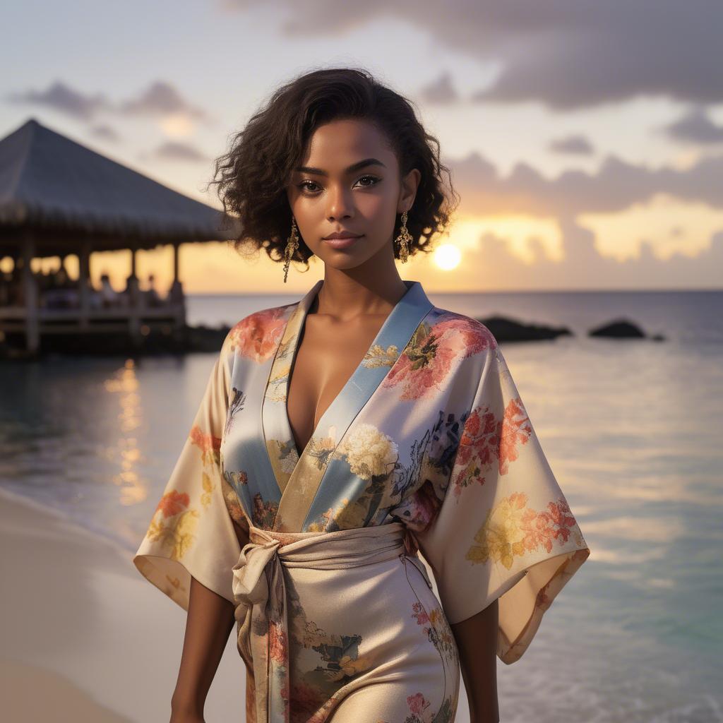 A stunning image of curacaoan starlet donned in an airy floral kimono shimmering at duskâ€™s golden horizon.