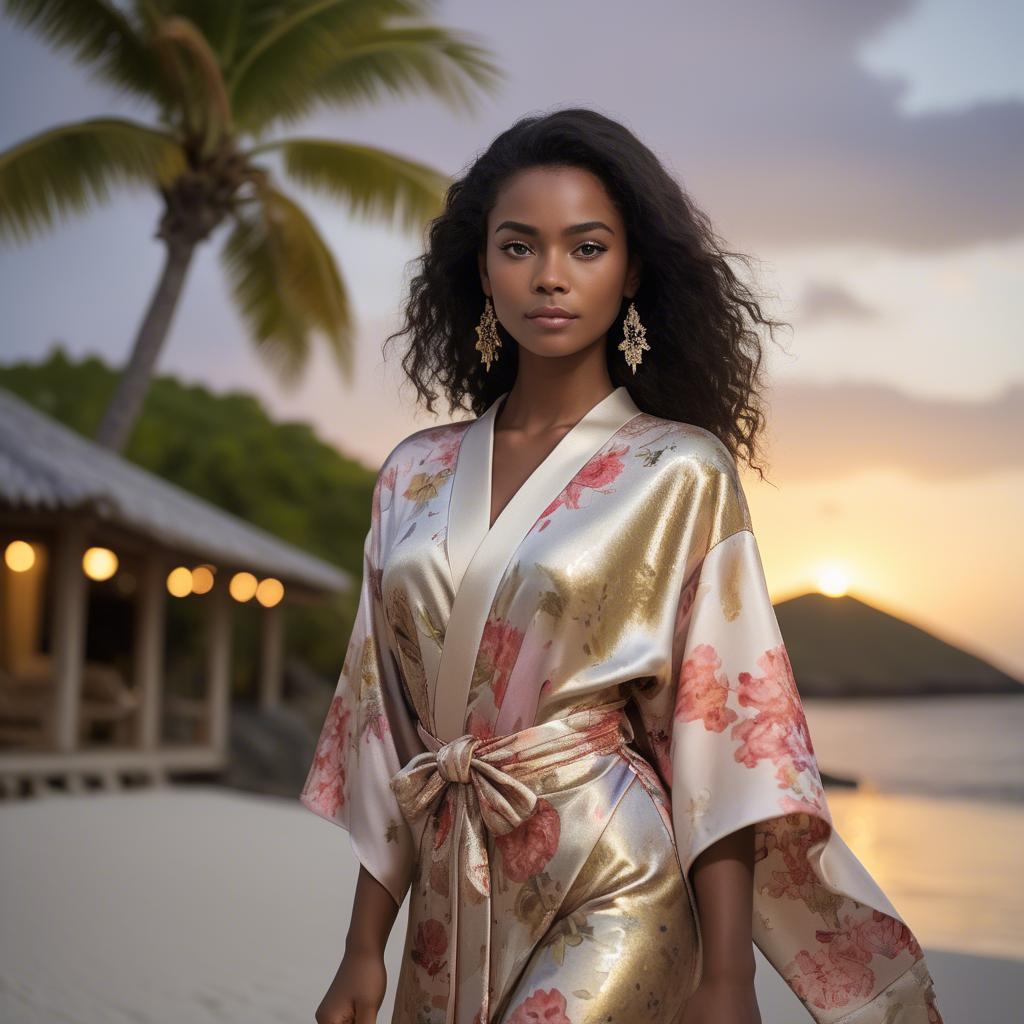 A stunning image of curacaoan starlet donned in an airy floral kimono shimmering at duskâ€™s golden horizon.