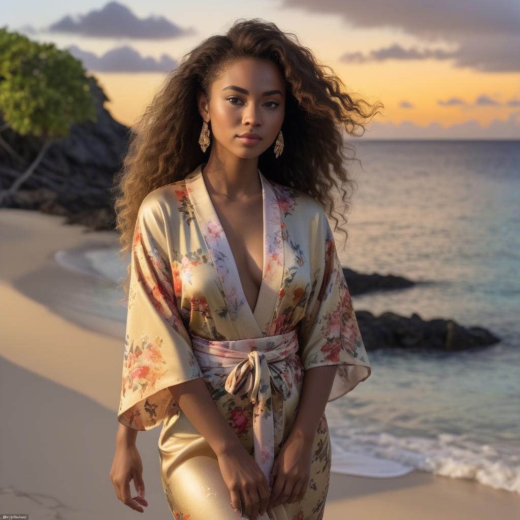 A stunning image of curacaoan starlet donned in an airy floral kimono shimmering at duskâ€™s golden horizon.