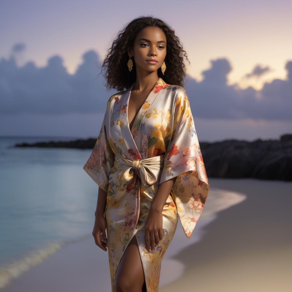 A stunning image of curacaoan starlet donned in an airy floral kimono shimmering at duskâ€™s golden horizon.