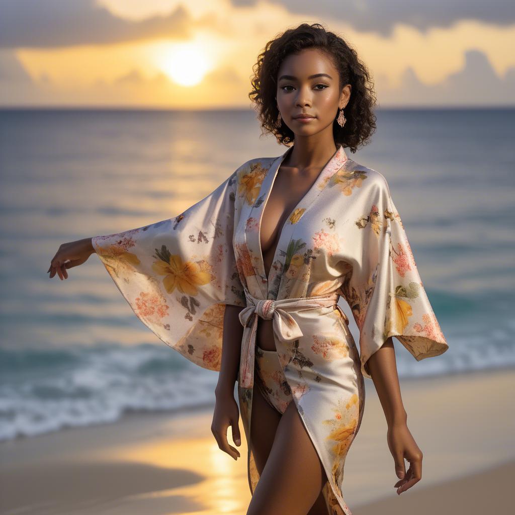 A stunning image of curacaoan starlet donned in an airy floral kimono shimmering at duskâ€™s golden horizon.