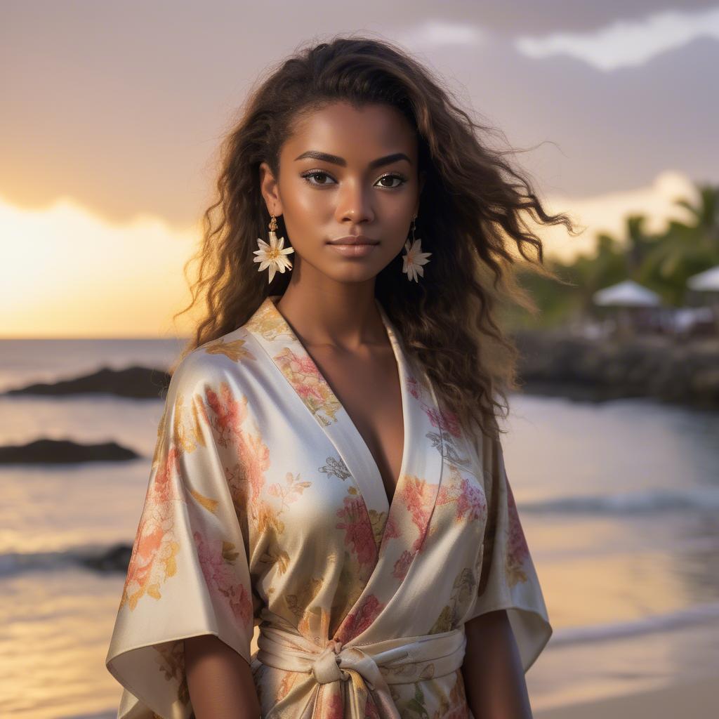 A stunning image of curacaoan starlet donned in an airy floral kimono shimmering at duskâ€™s golden horizon.