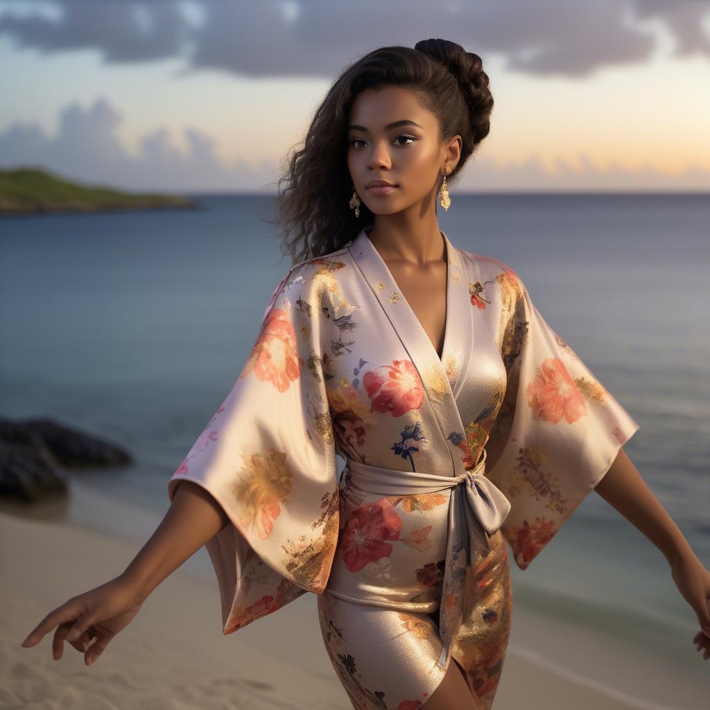 A stunning image of curacaoan starlet donned in an airy floral kimono shimmering at duskâ€™s golden horizon.