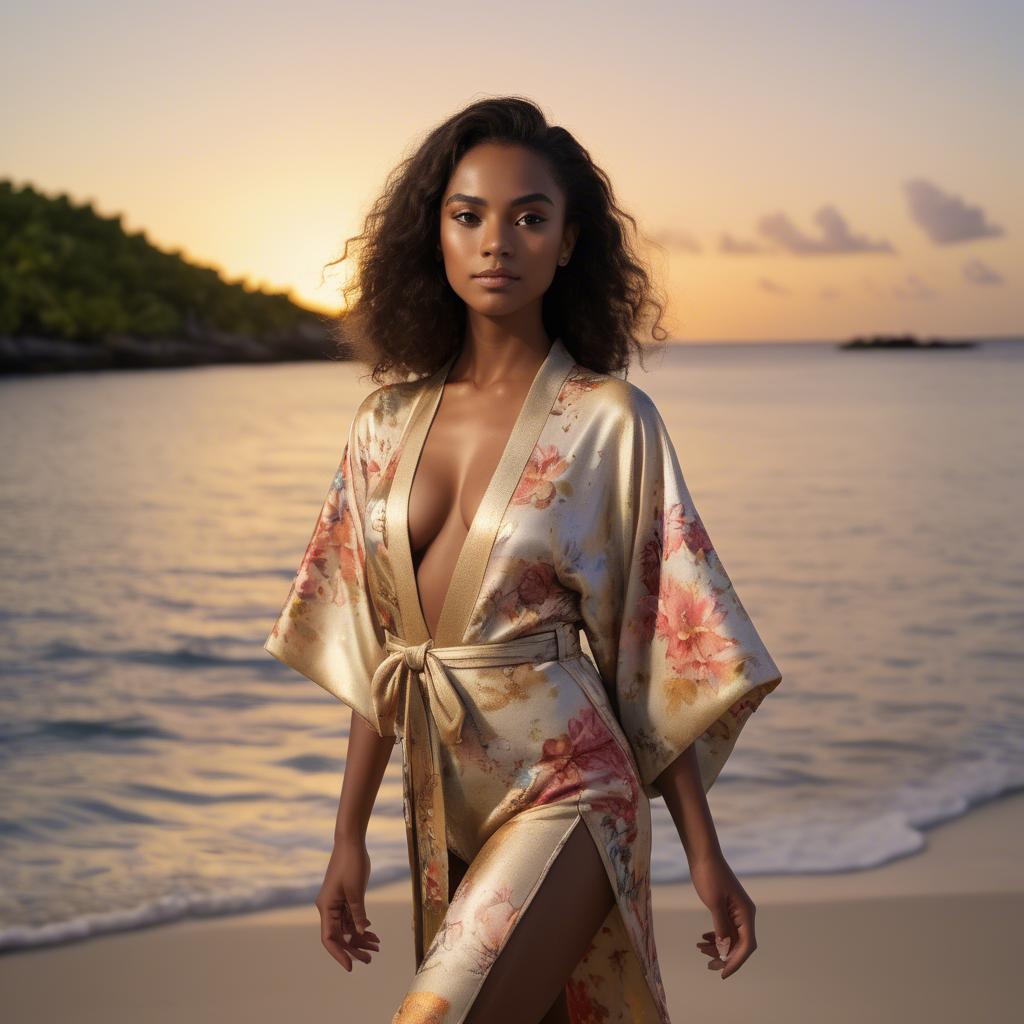 A stunning image of curacaoan starlet donned in an airy floral kimono shimmering at duskâ€™s golden horizon.