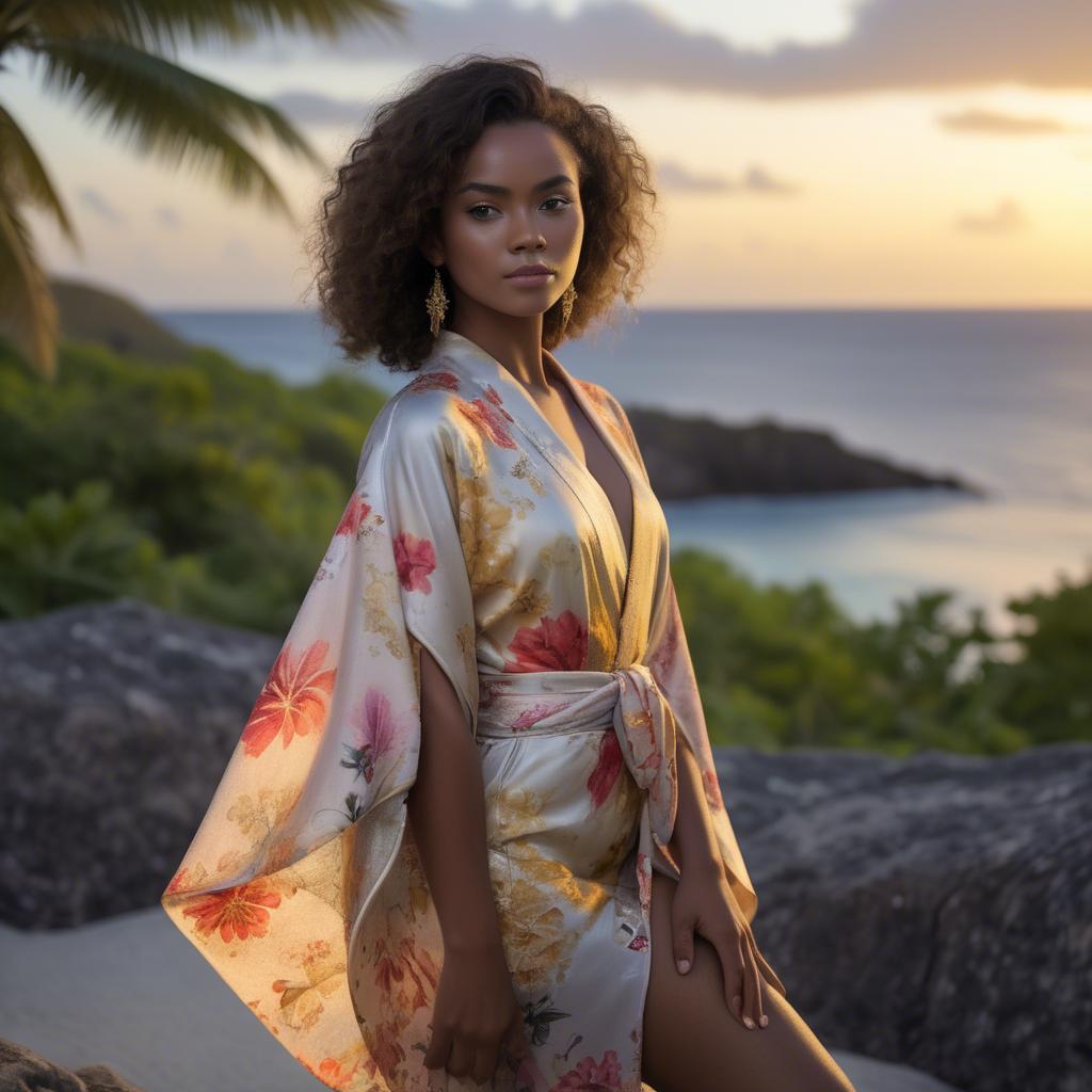 A stunning image of curacaoan starlet donned in an airy floral kimono shimmering at duskâ€™s golden horizon.