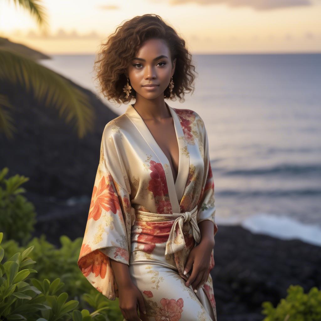 A stunning image of curacaoan starlet donned in an airy floral kimono shimmering at duskâ€™s golden horizon.