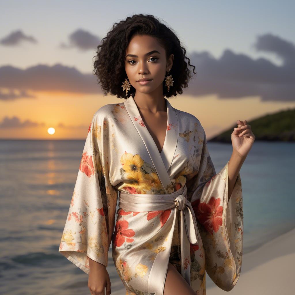 A stunning image of curacaoan starlet donned in an airy floral kimono shimmering at duskâ€™s golden horizon.