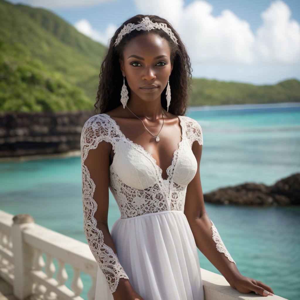 A stunning image of grenadian enchantress showing off sophisticated lace details in gentle waterfront breezes.