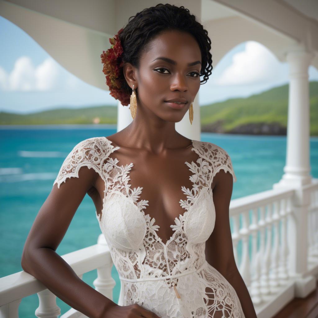 A stunning image of grenadian enchantress showing off sophisticated lace details in gentle waterfront breezes.