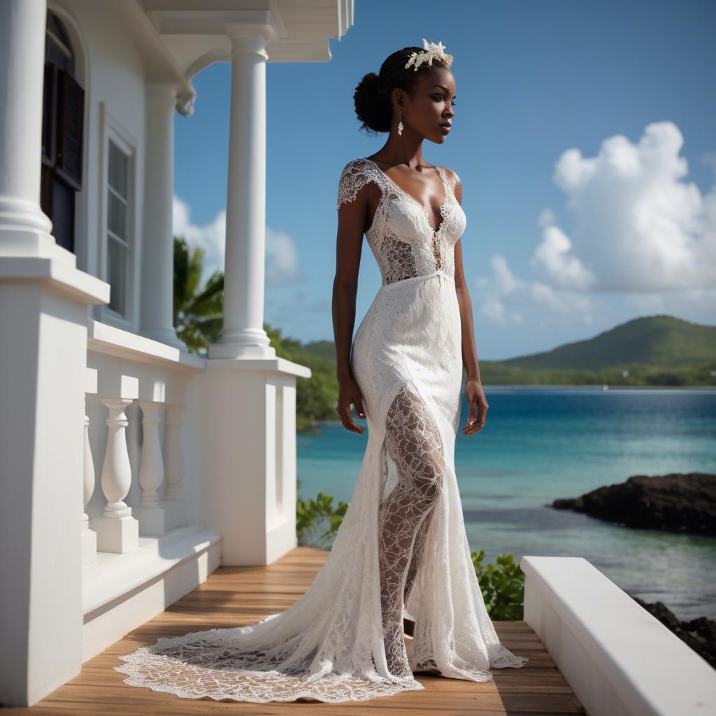 A stunning image of grenadian enchantress showing off sophisticated lace details in gentle waterfront breezes.