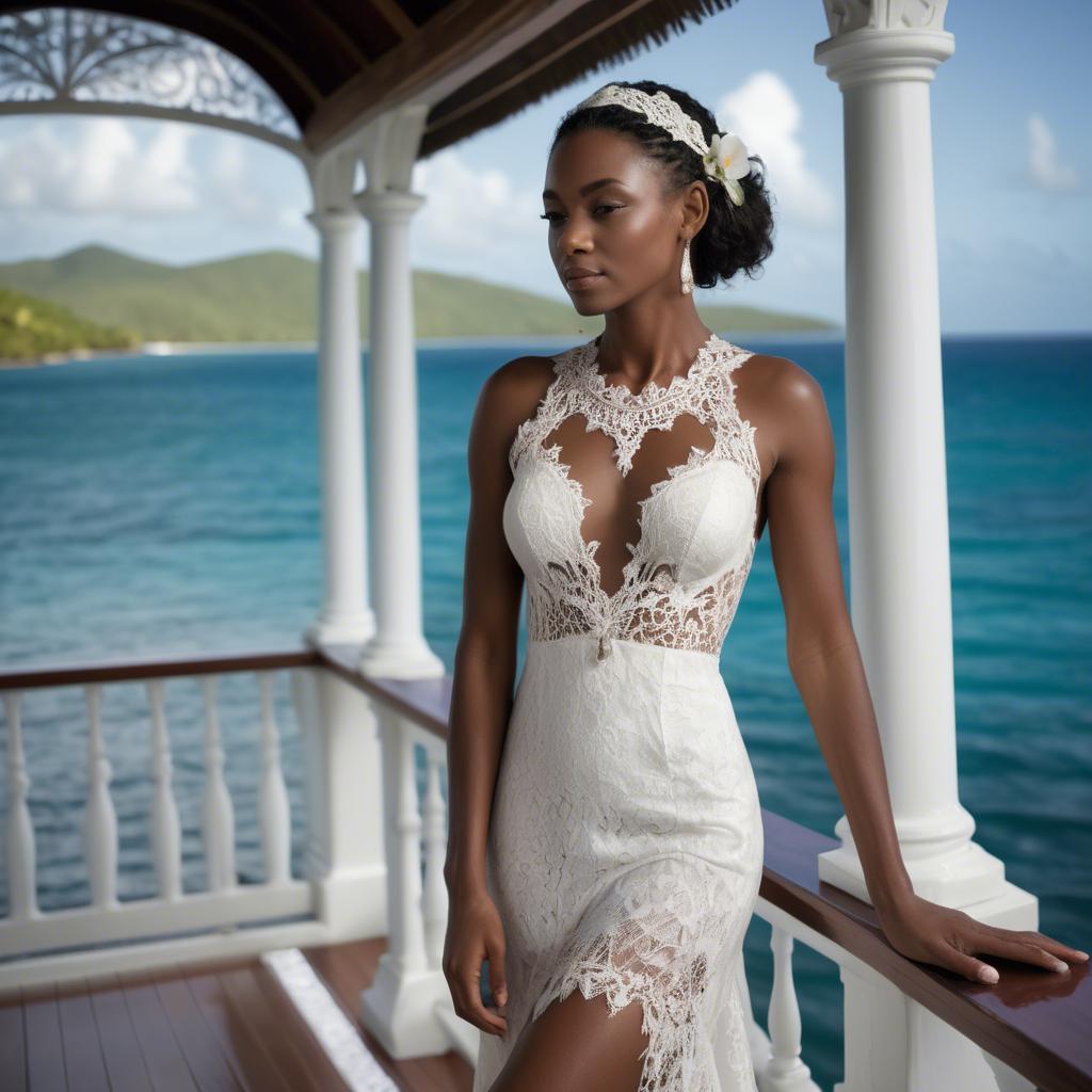 A stunning image of grenadian enchantress showing off sophisticated lace details in gentle waterfront breezes.