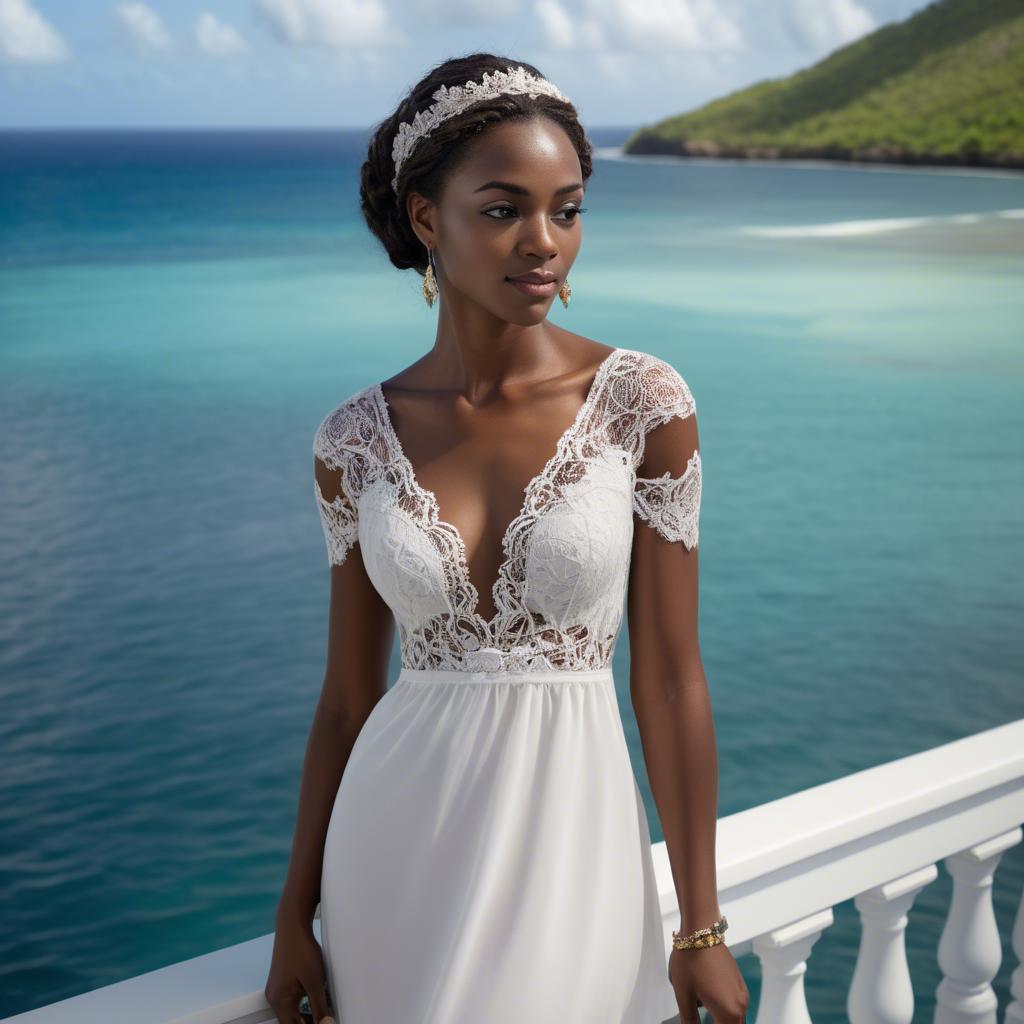 A stunning image of grenadian enchantress showing off sophisticated lace details in gentle waterfront breezes.