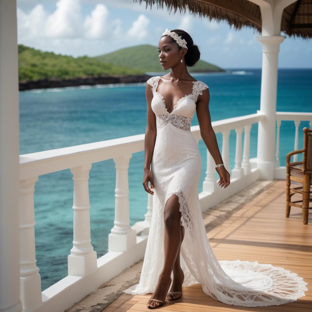 A stunning image of grenadian enchantress showing off sophisticated lace details in gentle waterfront breezes.