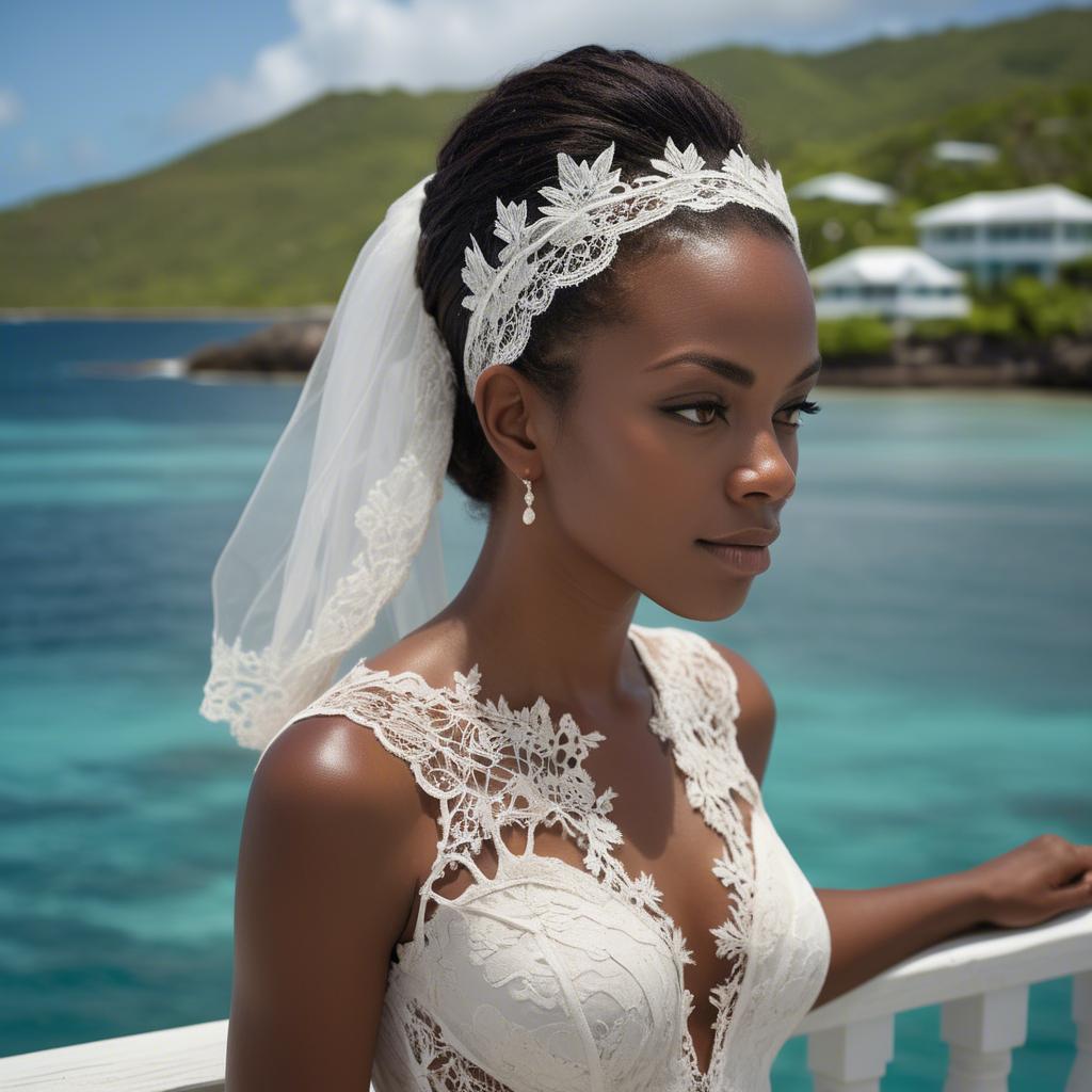 A stunning image of grenadian enchantress showing off sophisticated lace details in gentle waterfront breezes.
