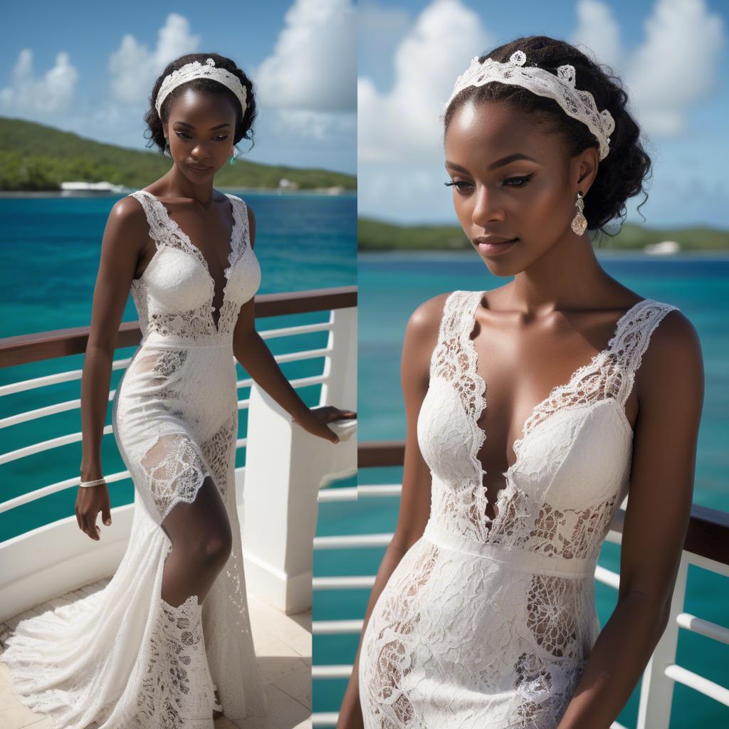 A stunning image of grenadian enchantress showing off sophisticated lace details in gentle waterfront breezes.