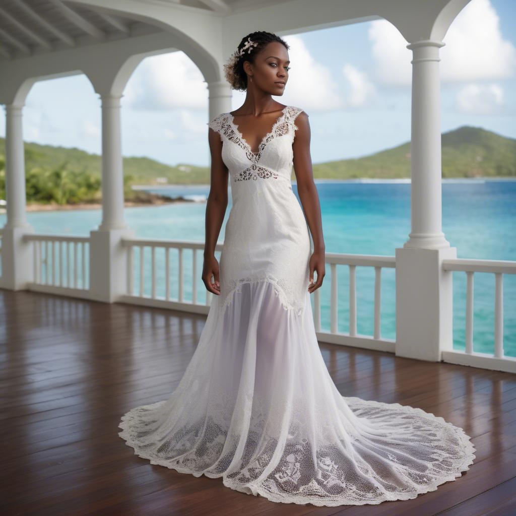 A stunning image of grenadian enchantress showing off sophisticated lace details in gentle waterfront breezes.