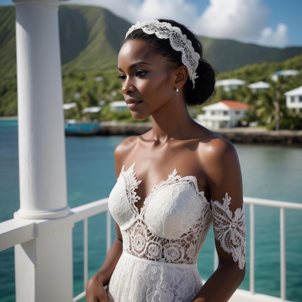 A stunning image of grenadian enchantress showing off sophisticated lace details in gentle waterfront breezes.