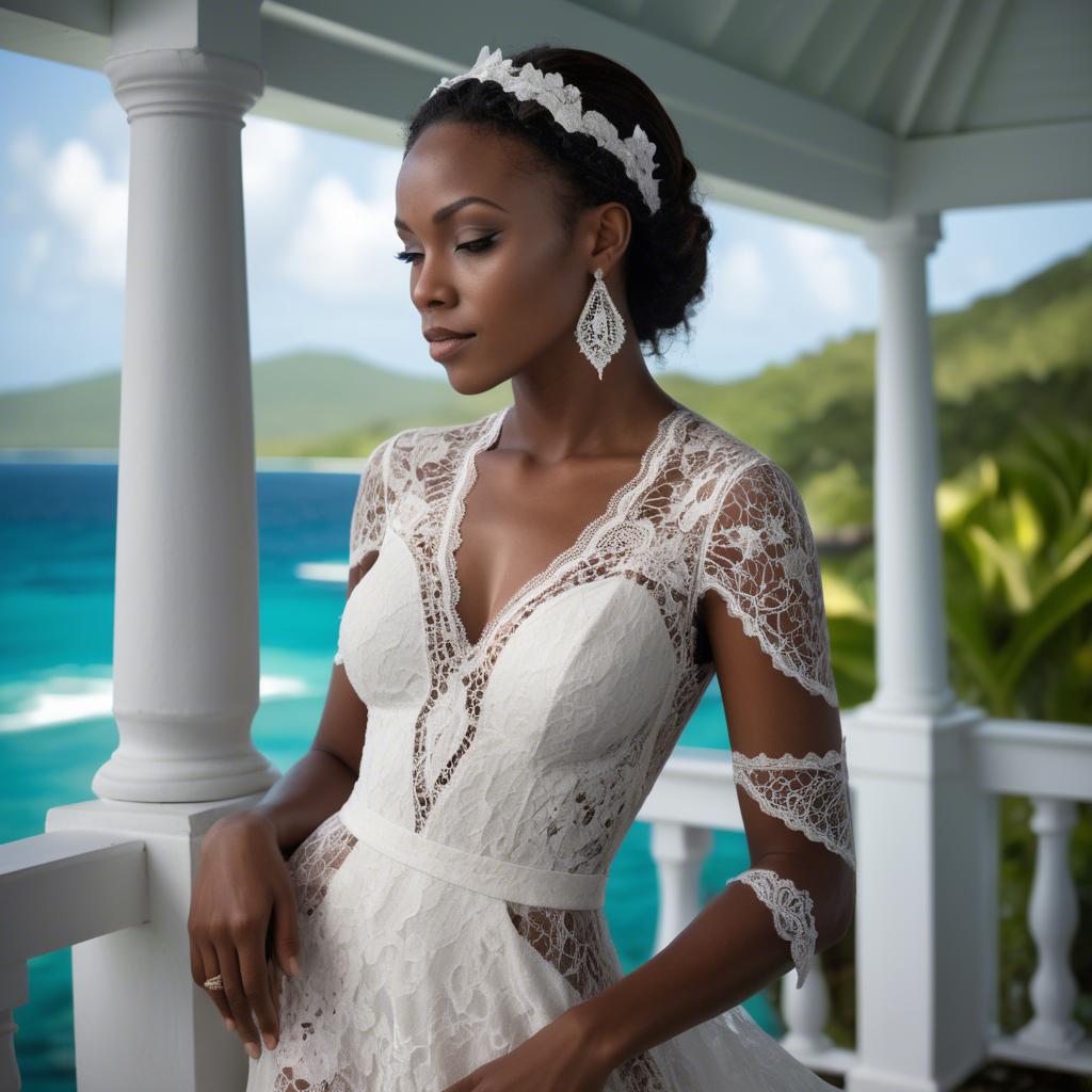 A stunning image of grenadian enchantress showing off sophisticated lace details in gentle waterfront breezes.