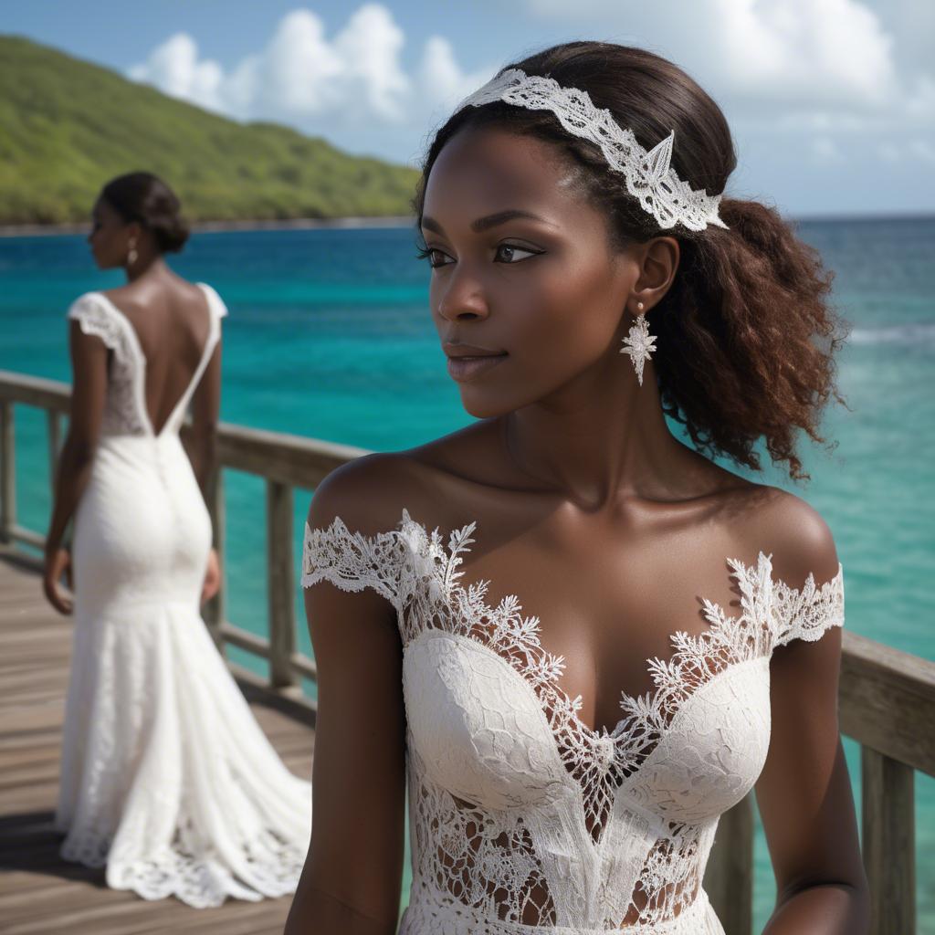 A stunning image of grenadian enchantress showing off sophisticated lace details in gentle waterfront breezes.