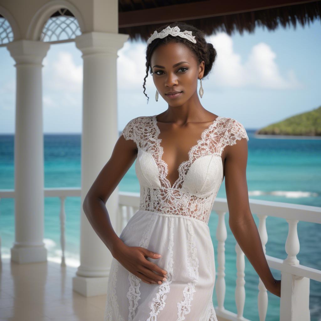 A stunning image of grenadian enchantress showing off sophisticated lace details in gentle waterfront breezes.