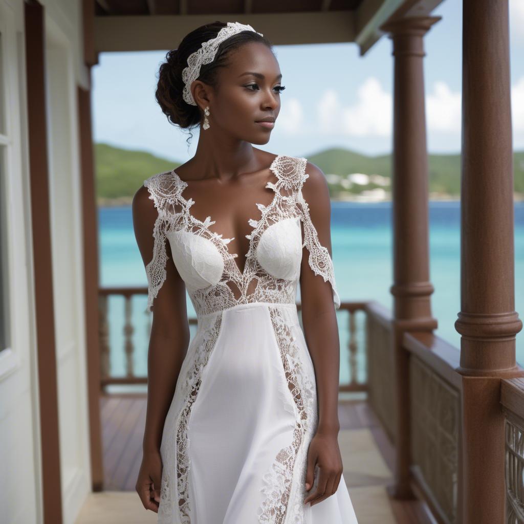 A stunning image of grenadian enchantress showing off sophisticated lace details in gentle waterfront breezes.