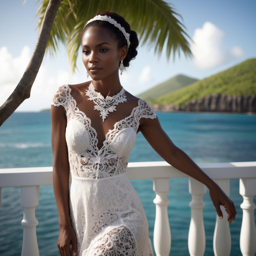 A stunning image of grenadian enchantress showing off sophisticated lace details in gentle waterfront breezes.