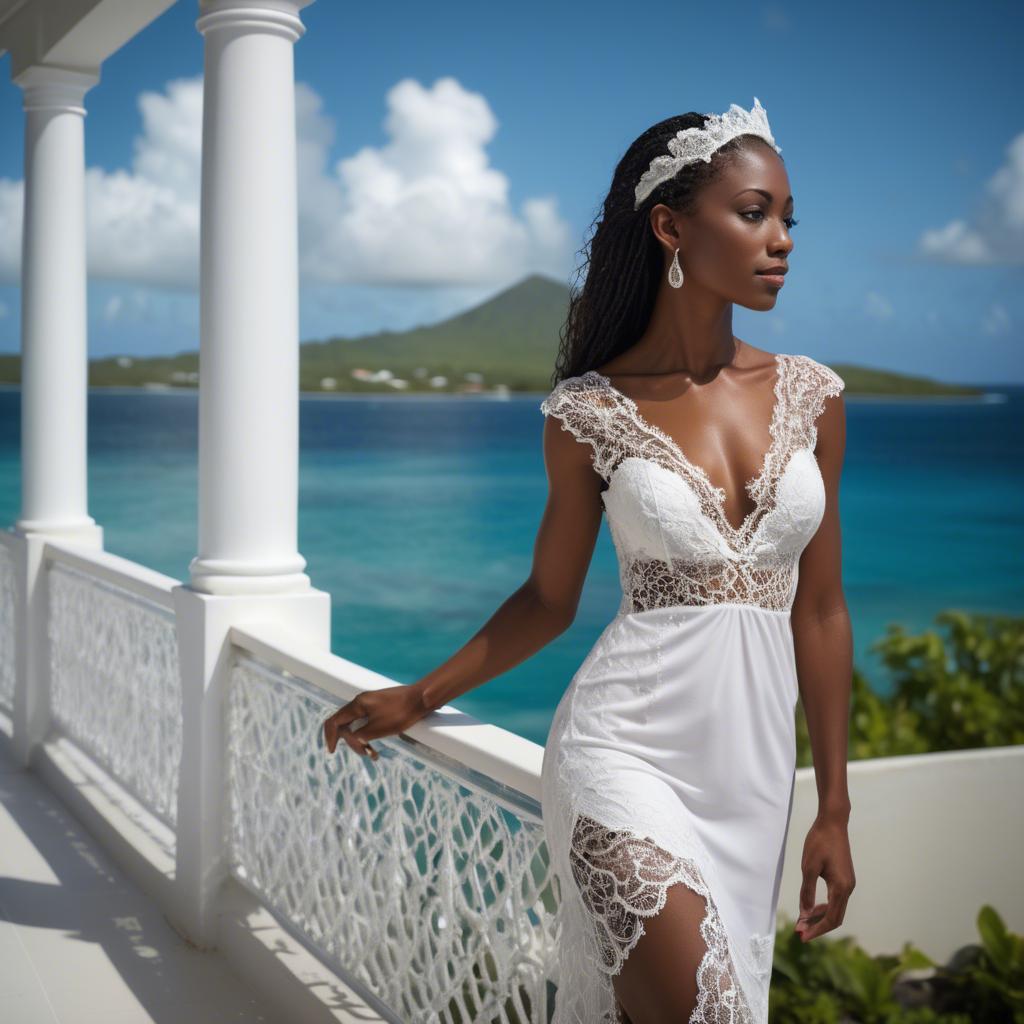 A stunning image of grenadian enchantress showing off sophisticated lace details in gentle waterfront breezes.
