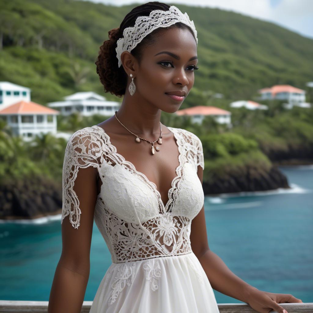 A stunning image of grenadian enchantress showing off sophisticated lace details in gentle waterfront breezes.