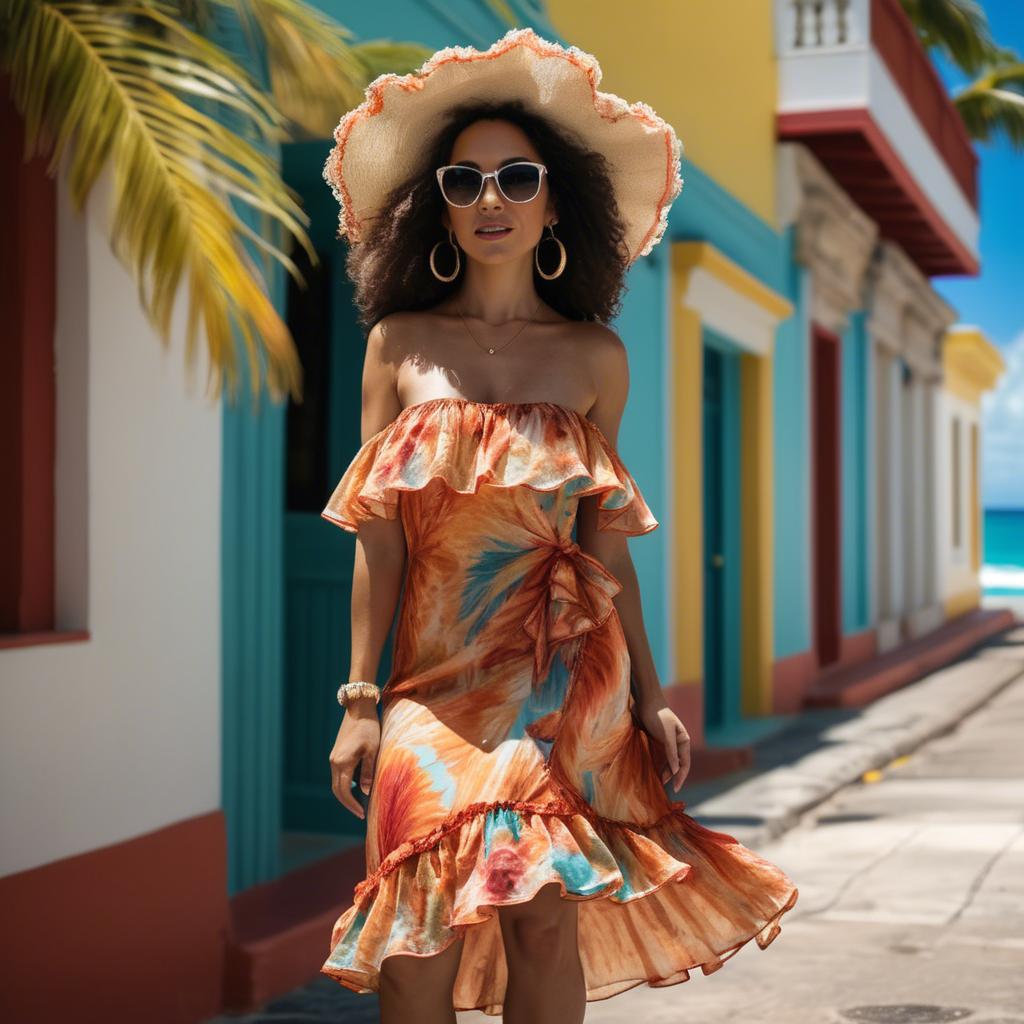 A stunning image of puerto rican allure featuring a stylish ruffle dress beneath vibrant caribbean sunshine.