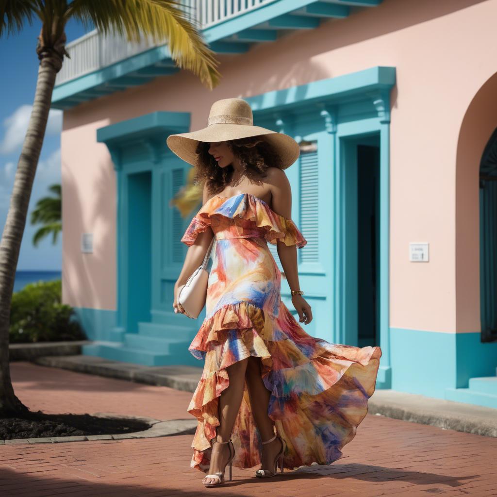 A stunning image of puerto rican allure featuring a stylish ruffle dress beneath vibrant caribbean sunshine.
