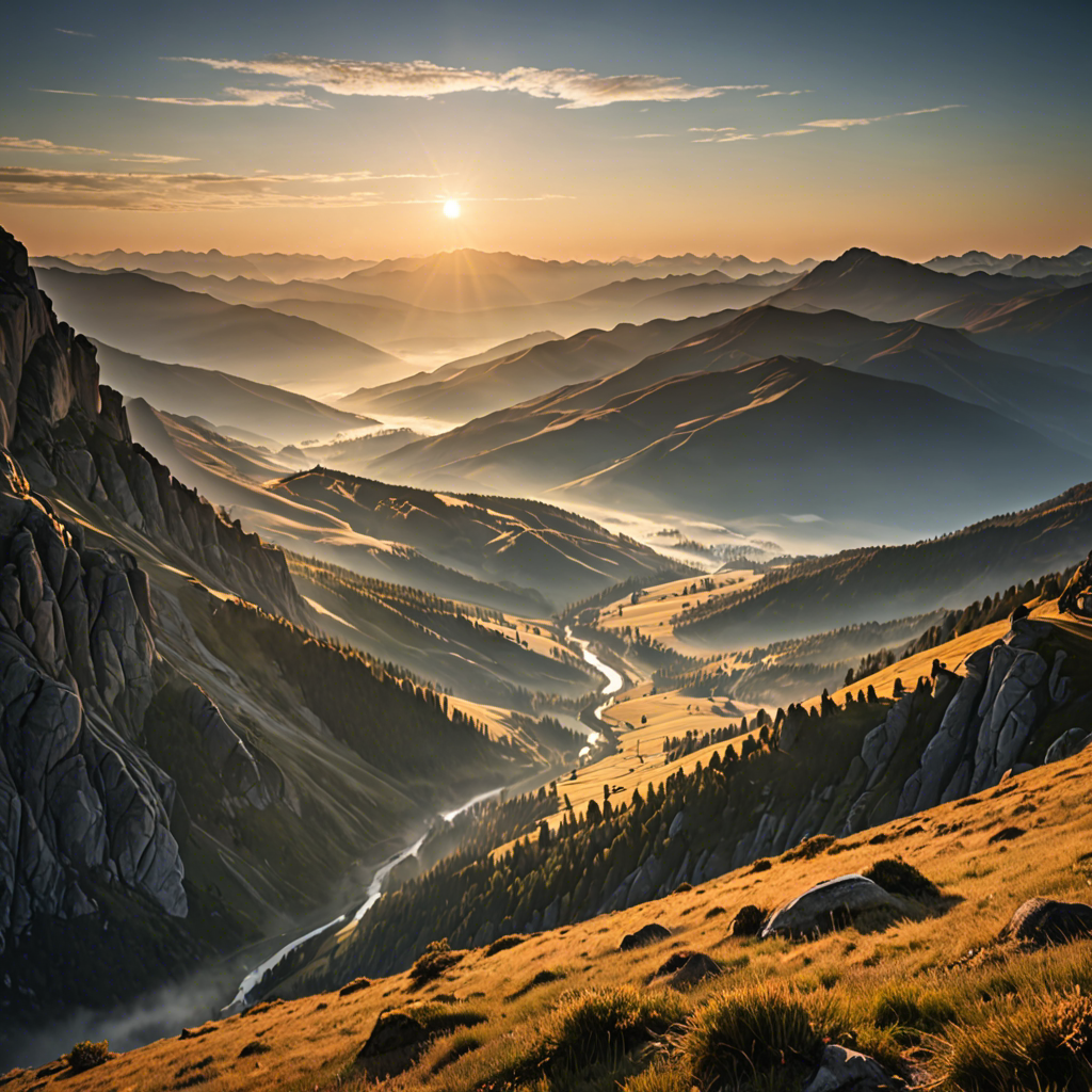 a breathtaking mountain landscape at sunrise, mist over the valley, golden light, ultra detailed — image 1