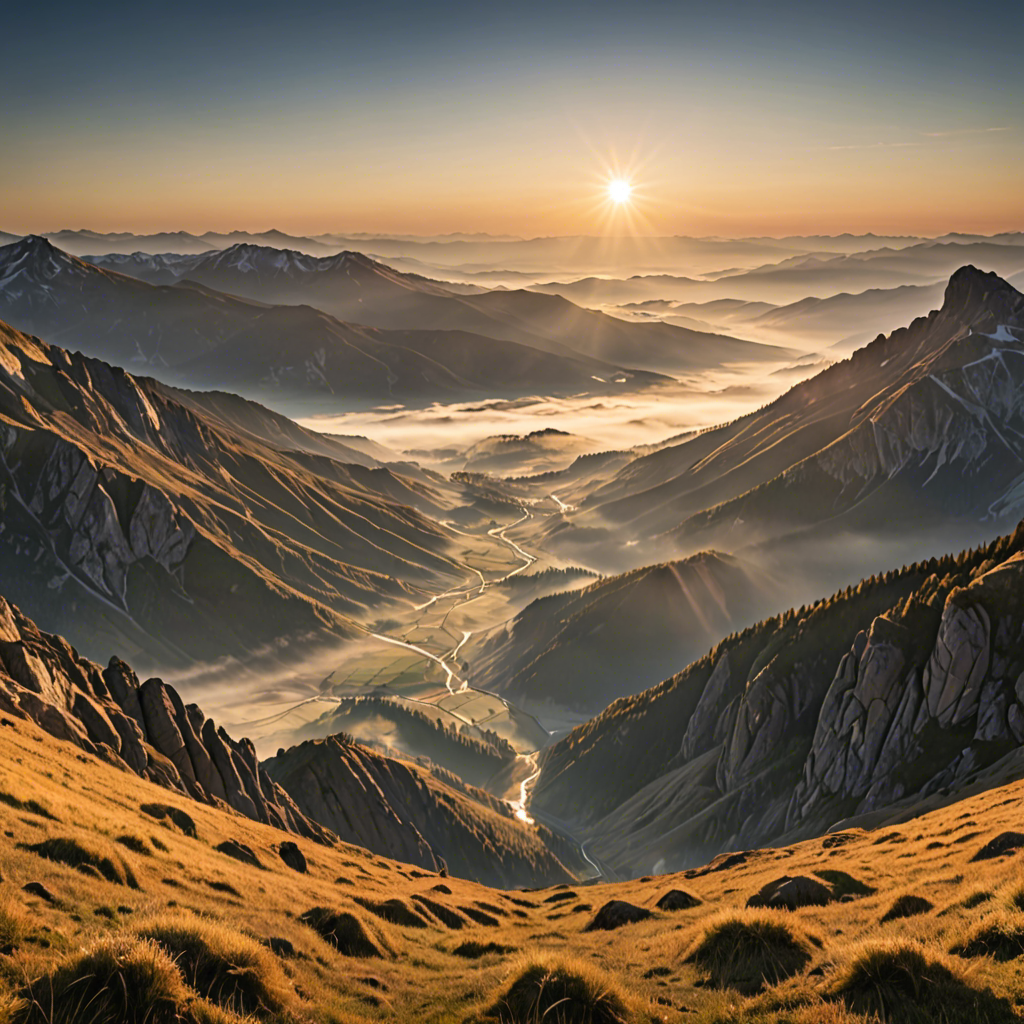 a breathtaking mountain landscape at sunrise, mist over the valley, golden light, ultra detailed — image 2