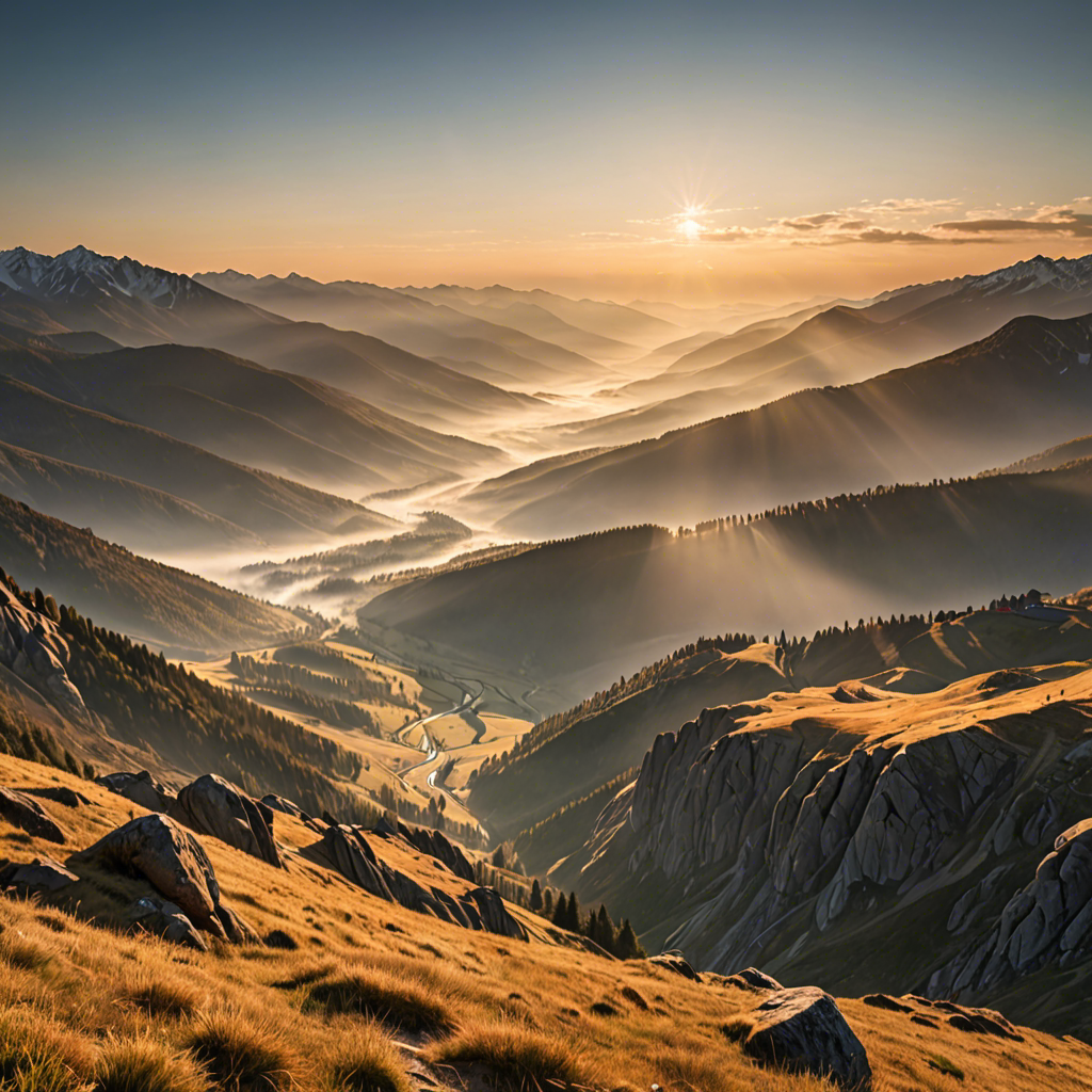 a breathtaking mountain landscape at sunrise, mist over the valley, golden light, ultra detailed — image 3