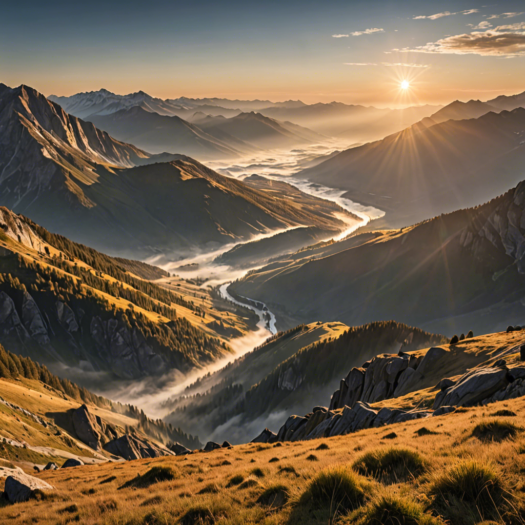 a breathtaking mountain landscape at sunrise, mist over the valley, golden light, ultra detailed — image 4